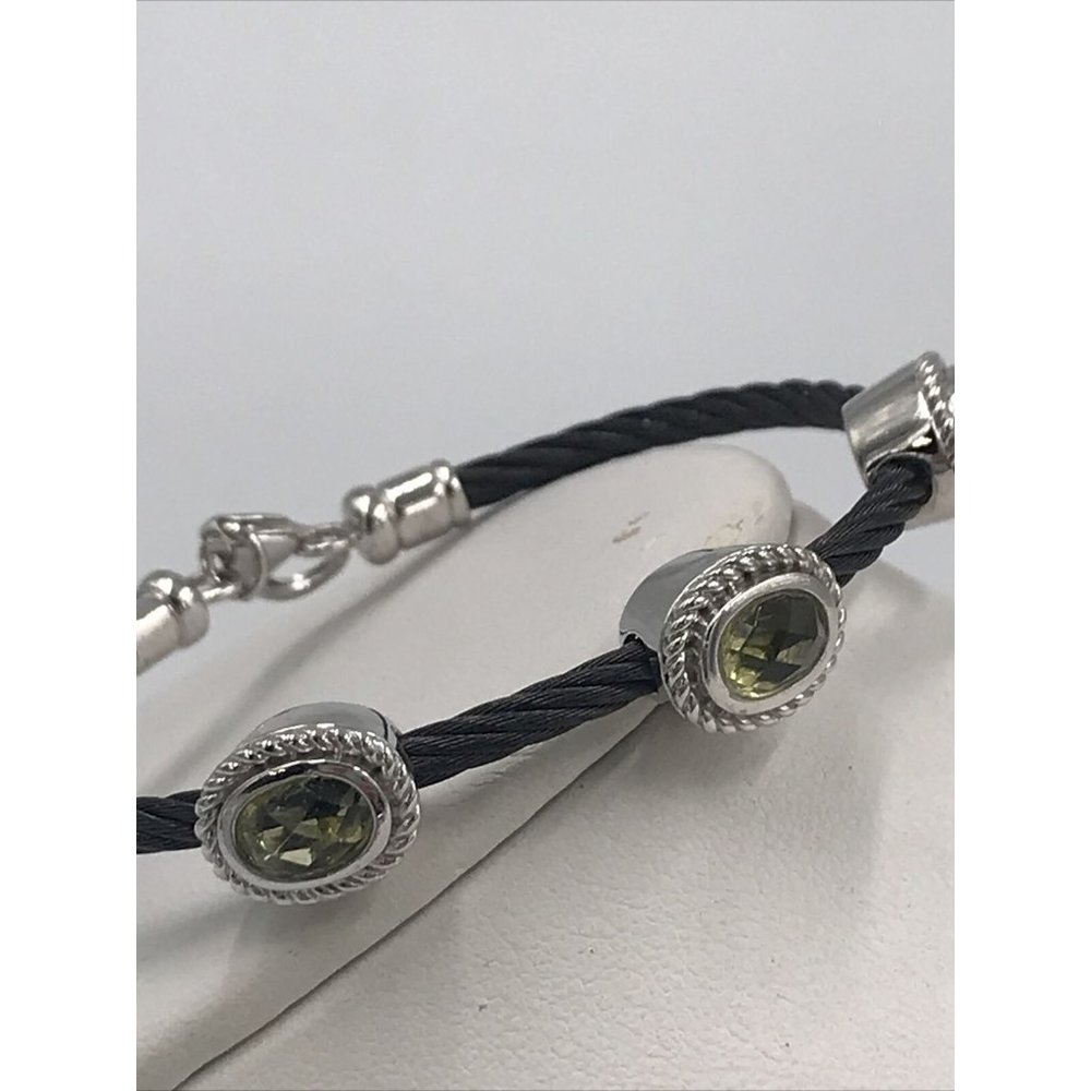 925 Silver  Classic Black Steel Cable Faceted Peridot  Crystals‎ Bracelet 7"
